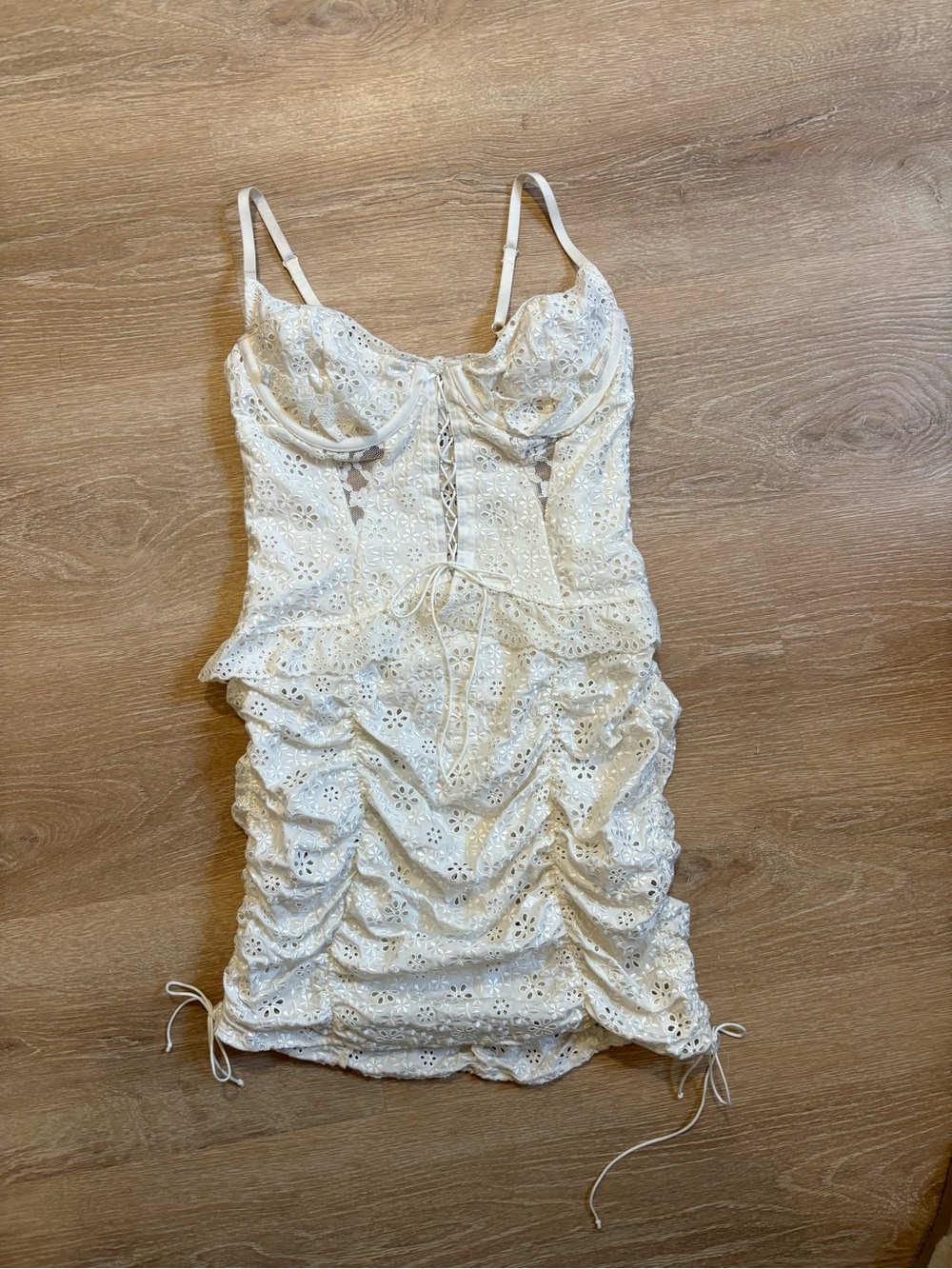 For Love & Lemons White Sophie Eyelet Lace Ruched Mini Dress : Sz L